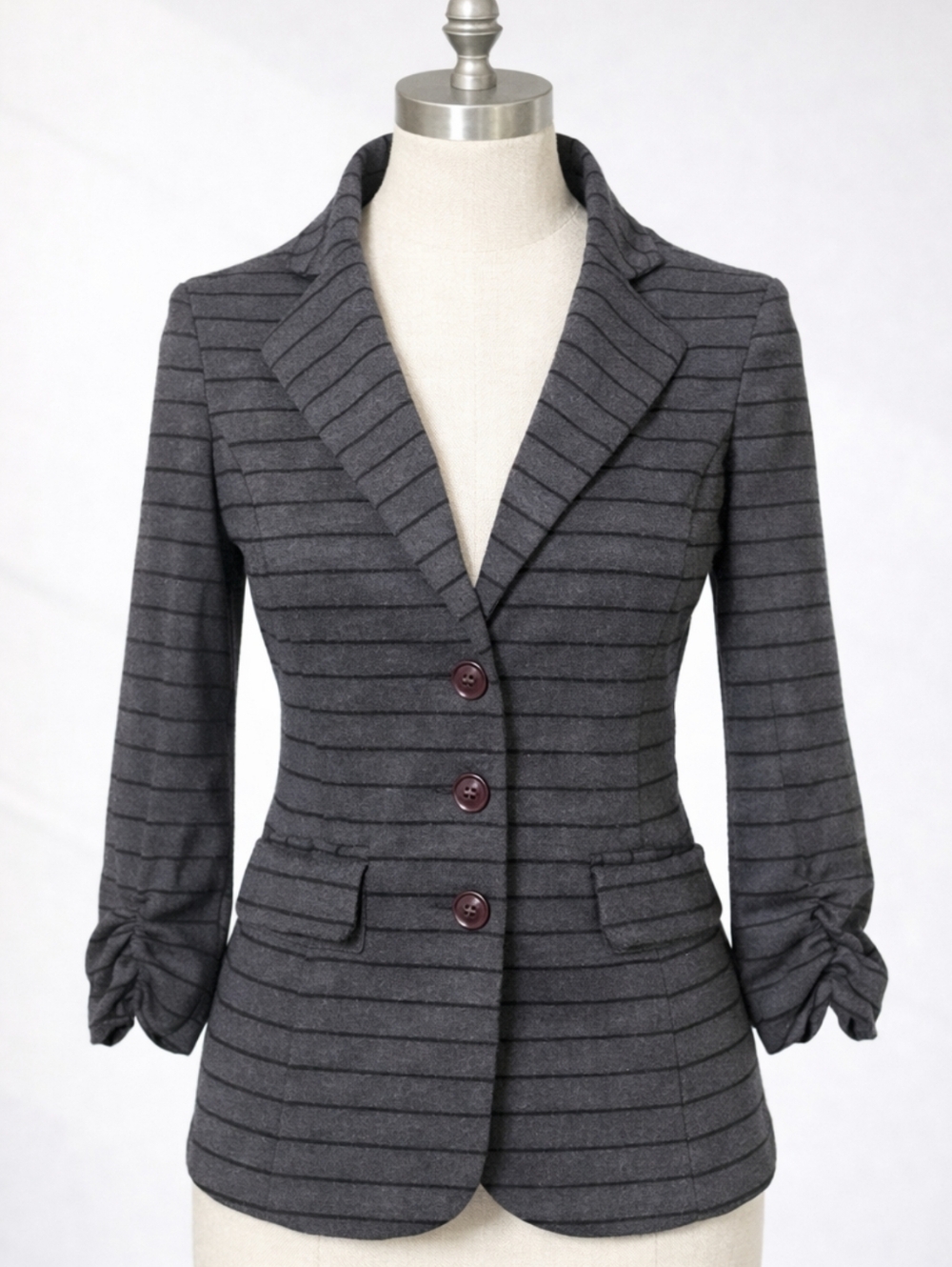 SOHO APPAREL Gray Striped Ruched Sleeve Blazer Jacket Sz Small